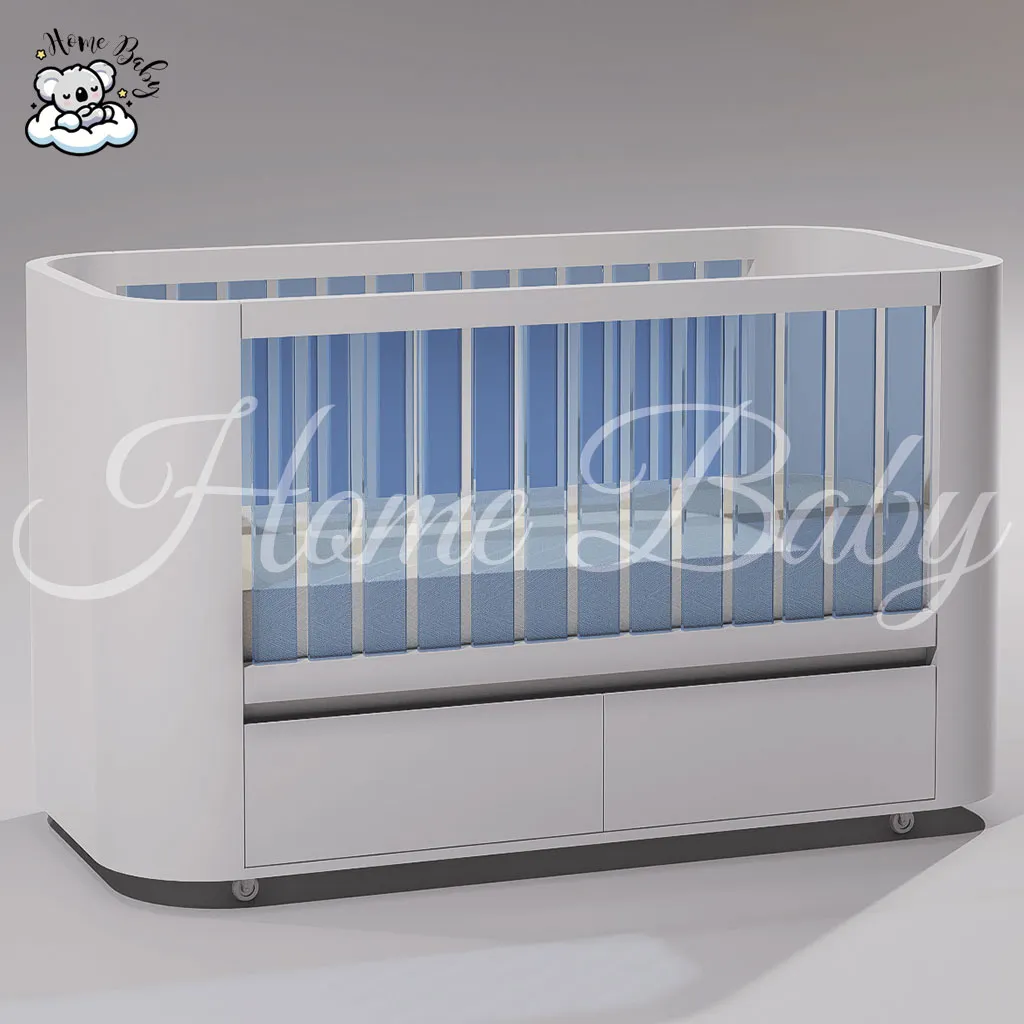 Diseño original de cuna blanca con azul y bordes redondeados - Home baby